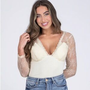 Heyson Ribbed Knit Cream Lace Deep V Neck Bodysuit